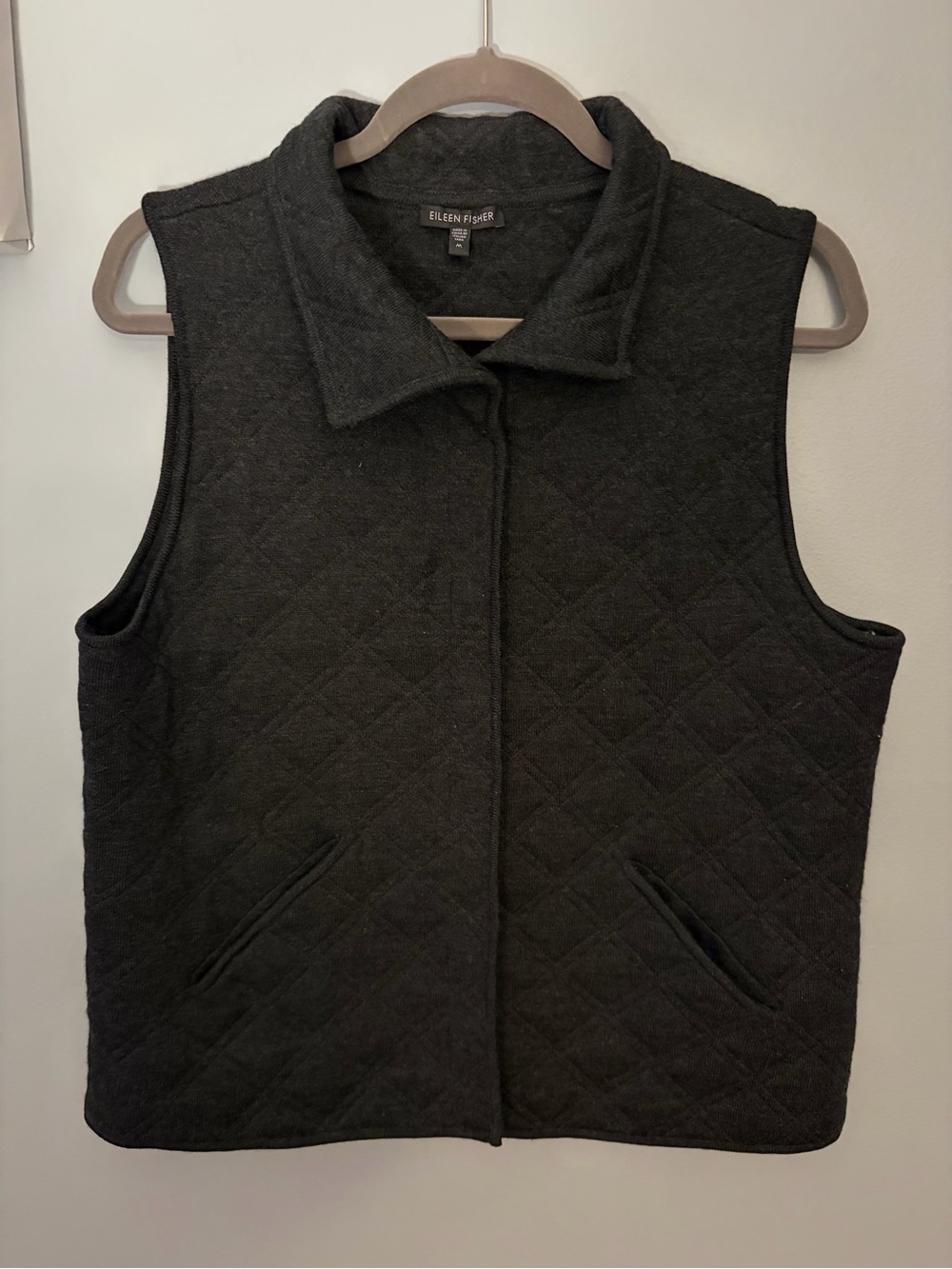 Eileen Fisher Charcoal Gray Quilted Merino Wool Vest - Size Medium